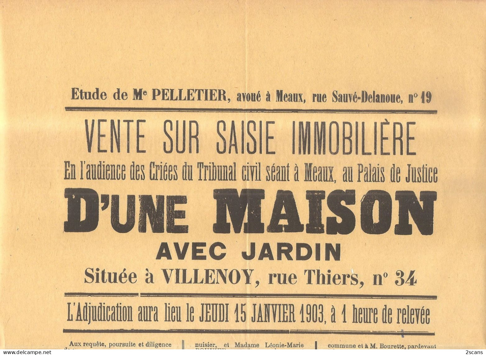 Dépt 77 - VILLENOY - Affiche VENTE SUR ADJUDICATION D'une Maison Située Rue Thiers - (BOURETTE, SCHOLTÈS, DUHOUX, Meaux) - Villenoy