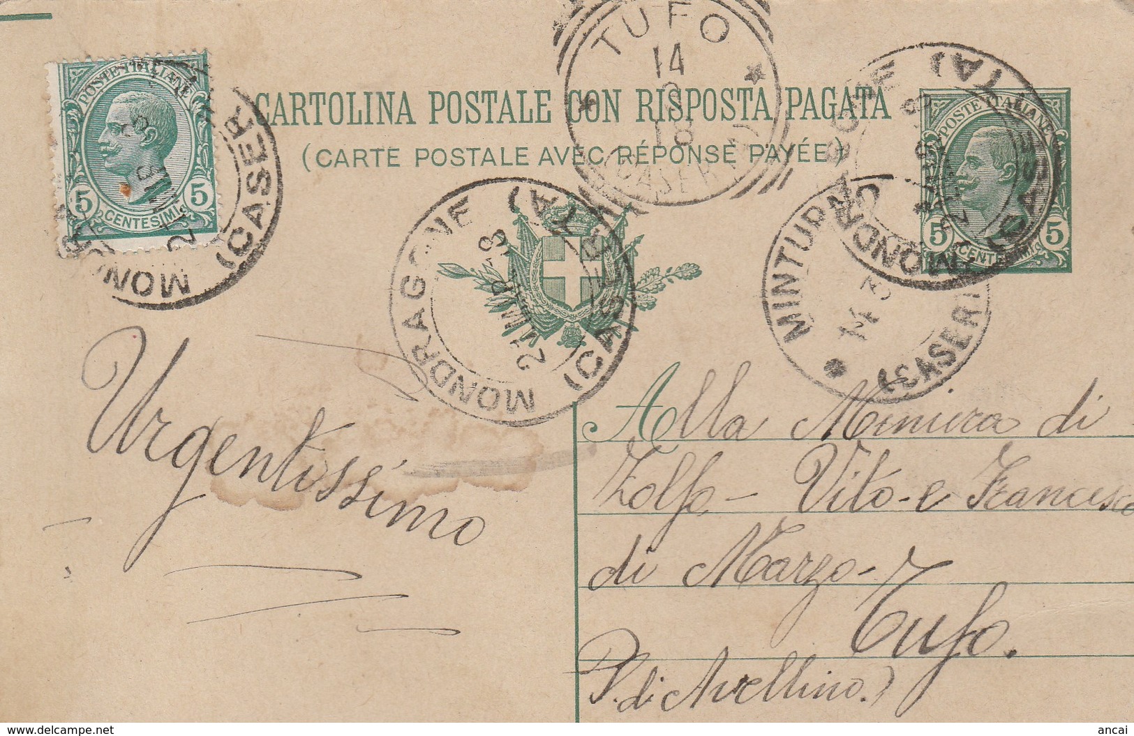 Mondragone. 1918. Annullo Guller MONDRAGONE (CASERTA) + MINTURNO + Tondo Riquadrato TUFO, Su Cartolina Postale - Marcophilia