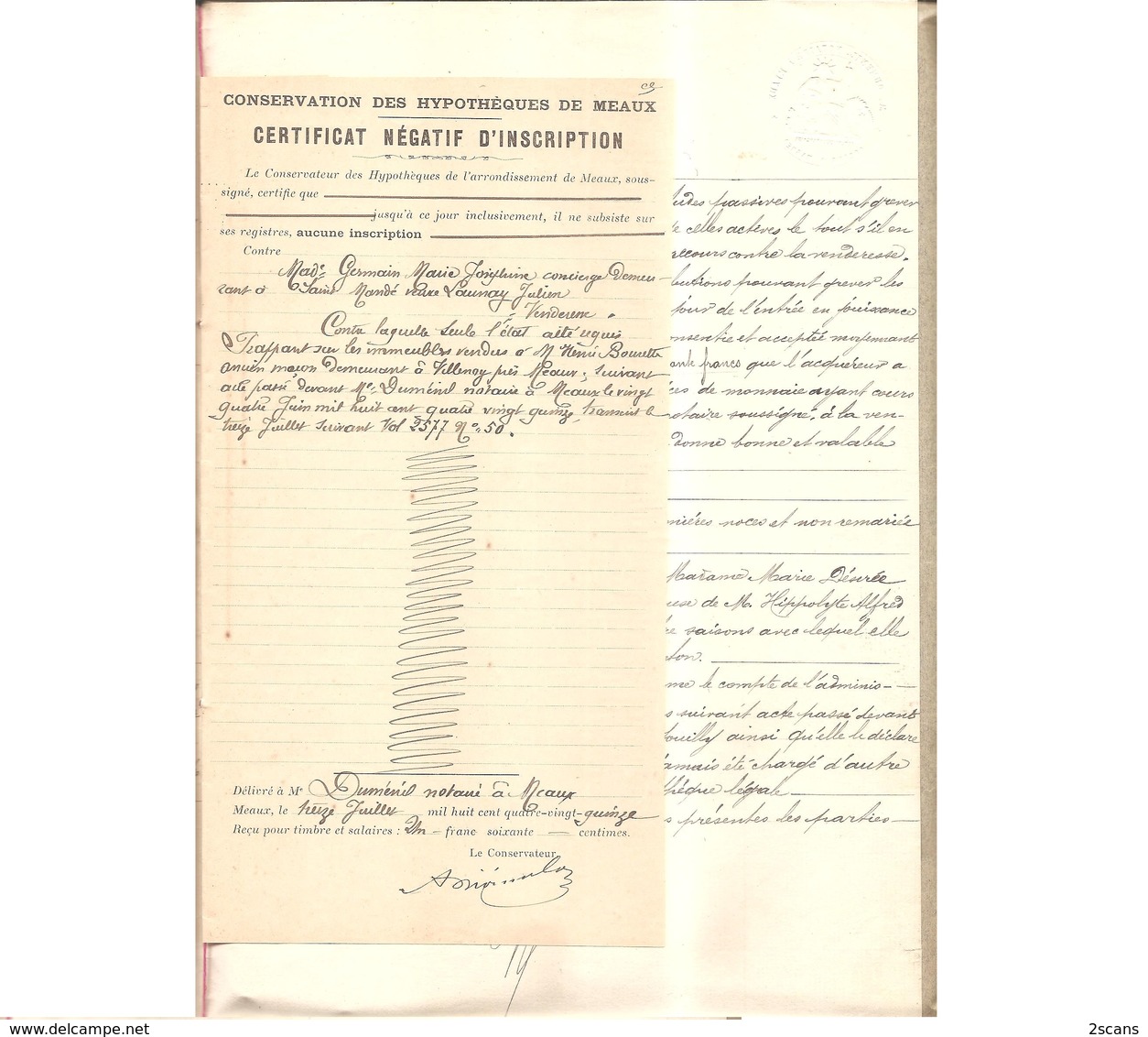 Dépt 77 - Vente Par Mme Vve LAUNAY (née GERMAIN) à M. Henri BOURETTE - (24 Juin 1895) - Villenoy, Mareuil-lès-Meaux - Villenoy