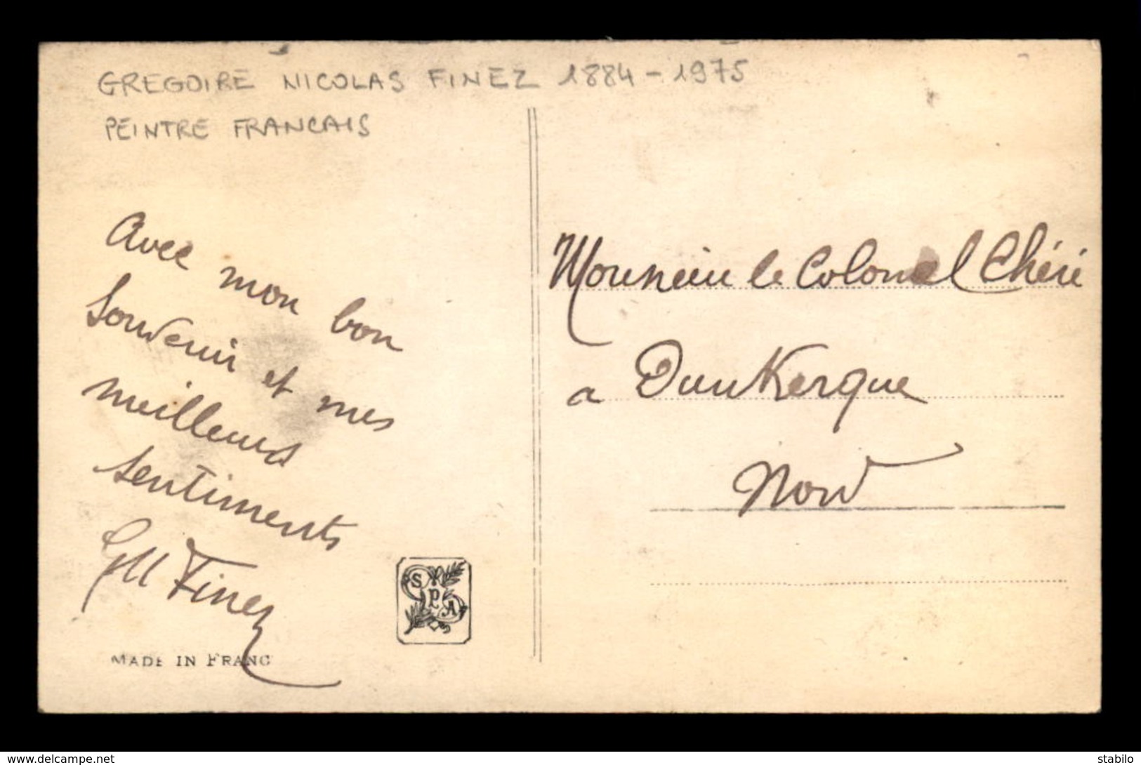 AUTOGRAPHE - GREGOIRE NICOLAS FINEZ (1884-1975) - PEINTRE FRANCAIS - SUR CARTE D'UN TABLEAU DU PEINTRE - Autres & Non Classés