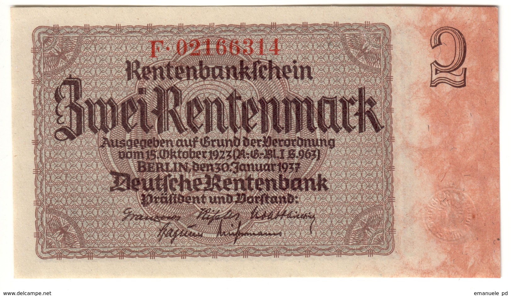 GERMANY	2	RENTENMARK	30/01/1937	P138	UNC			.CV. - 2 Rentenmark