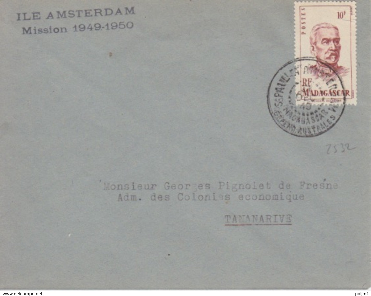 N° 315 (Madagascar) Obl. St Paul Et Amsterdam 31 DEC 49, Courrier Du Sapmer + Ile Amsterdam Mission 1949-1950 - ...-1955 Prefilatelia