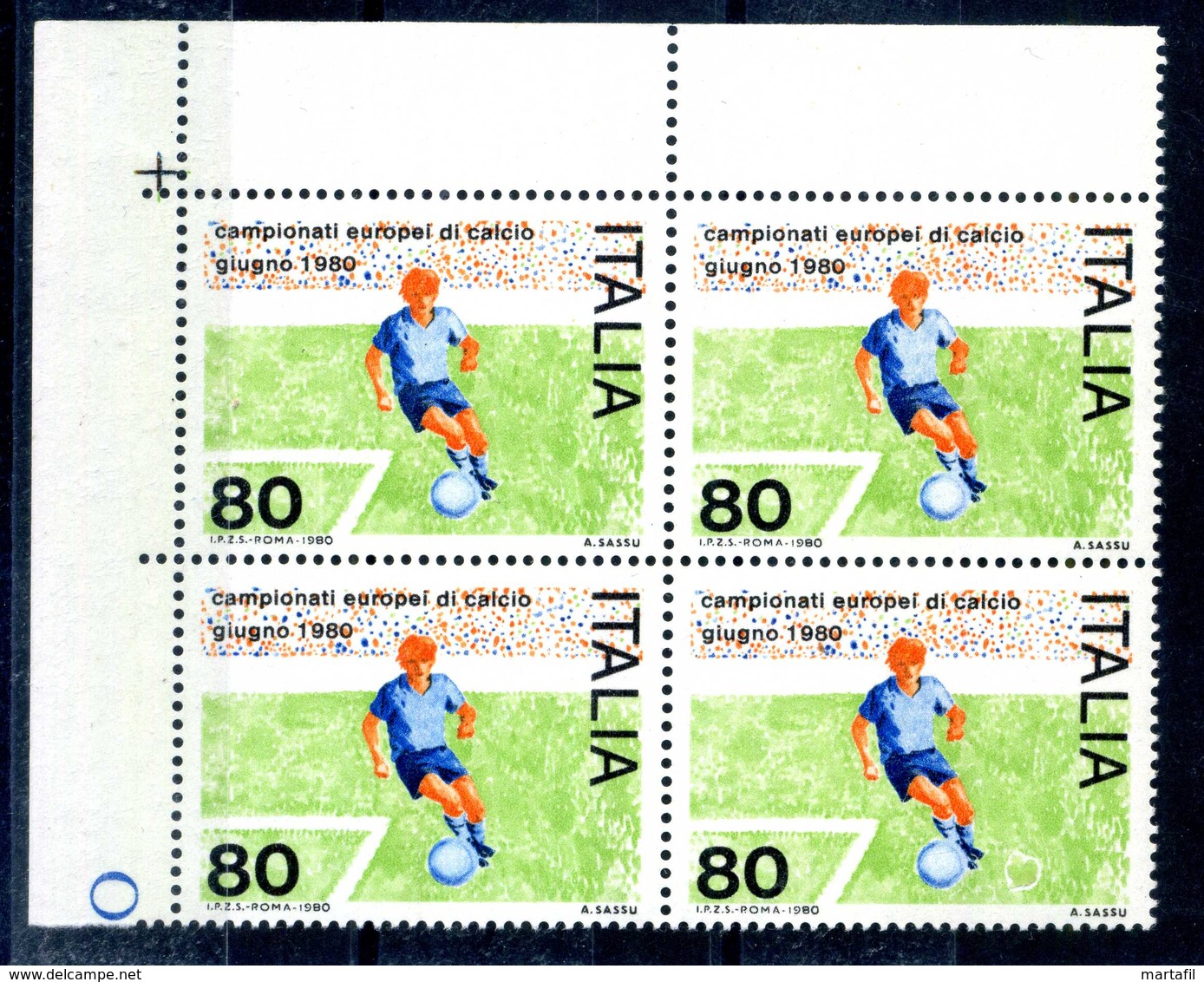 Repubblica Varietà - 1980 Campionati Di Calcio Quartina Con Ritocco Di Colore Sul 4° Francobollo (vicino Al Pallone) - Varietà E Curiosità