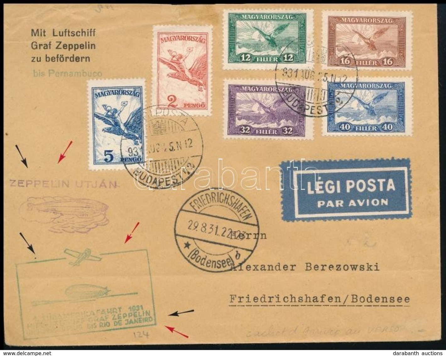 1931 Zeppelin 1. Dél-amerikai útja Levél 1927 évi Repülő Bélyegekkel Rio De Janeiro - Friedrichshafen - Autres & Non Classés