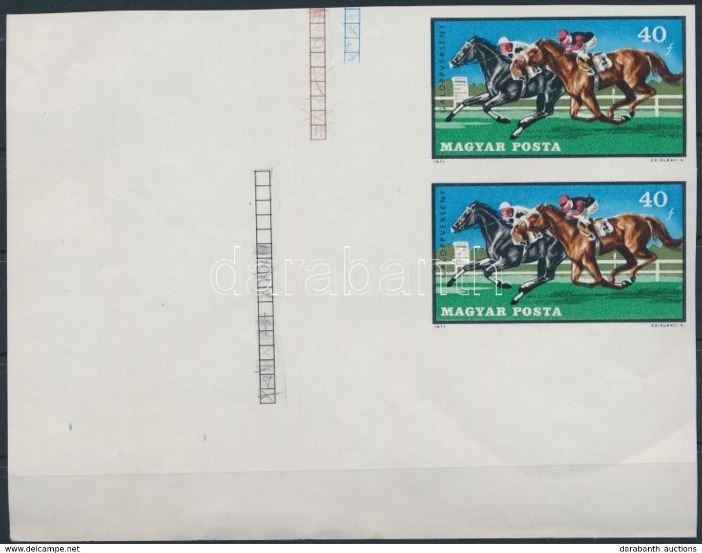 (*) 1971 Lósport 40f ívsarki Vágott Pár Sárga Színnyomat Nélkül / Mi 2703 Imperforate Corner Pair, Omitted Yellow Colour - Sonstige & Ohne Zuordnung