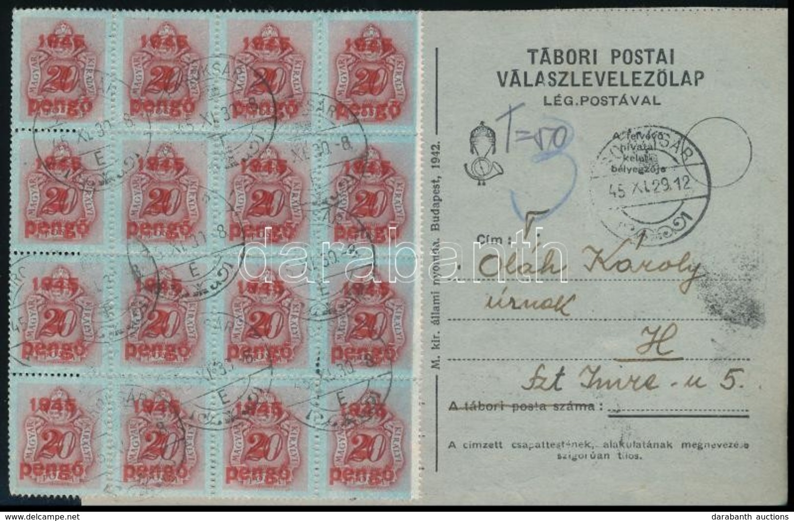 1945 Levelezőlap 25 X 2P Kisegítő Portóbélyeggel Portózva. Ritka!! - Sonstige & Ohne Zuordnung