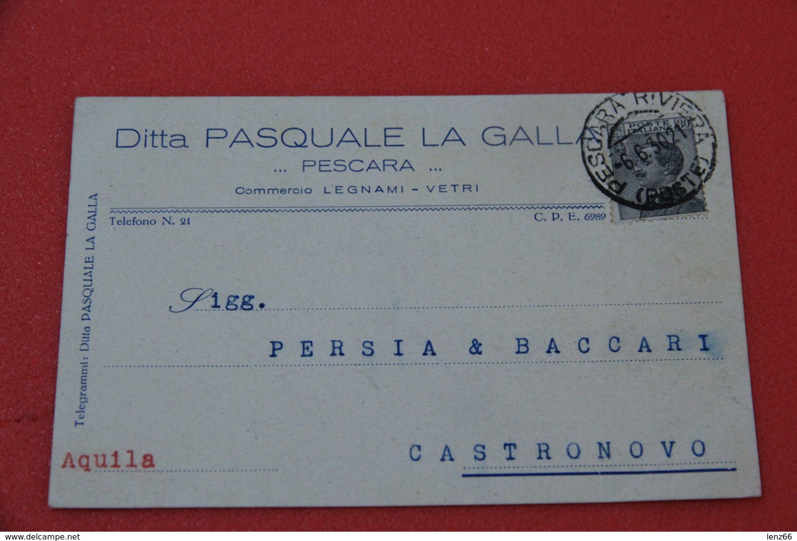 Pescara Pubblicitaria Commercio Legnami Vetri Ditta La Galla 1930 - Pescara