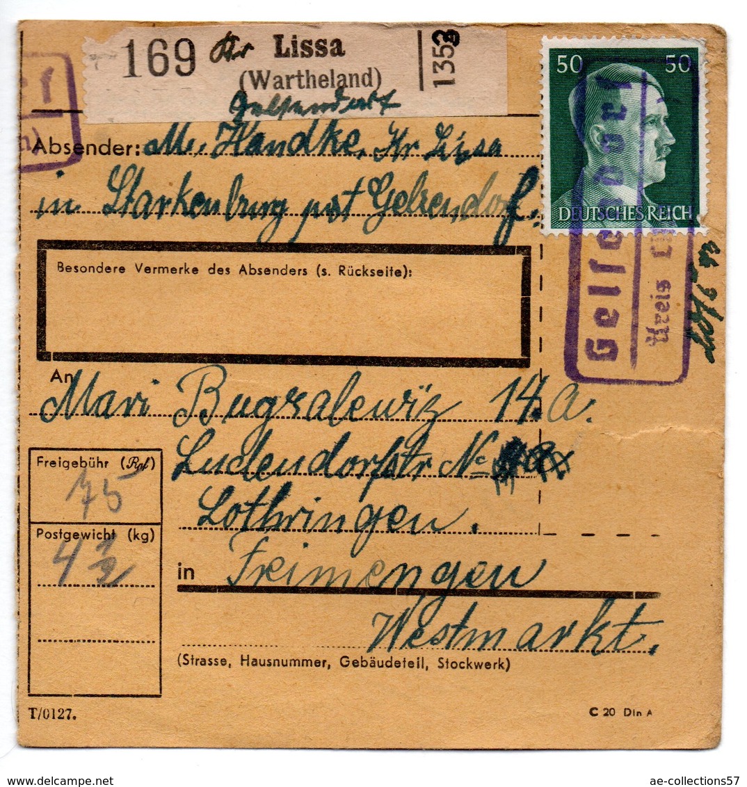 ALLEMAGNE  /  COLIS-POSTAL  /  De Lissa ( Wartheland ) / 25-1-1943 - Covers & Documents