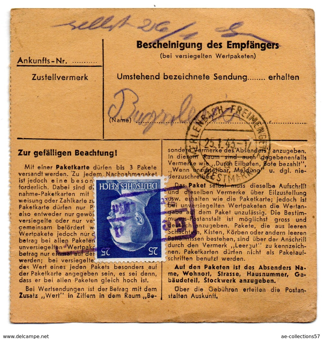 ALLEMAGNE  /  COLIS-POSTAL  /  De Lissa ( Wartheland ) / 25-1-1943 - Covers & Documents