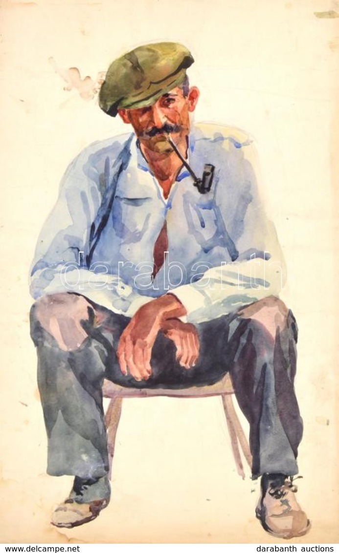 Ducsay Béla(1893-1967): Pipázó Férfi. Akvarell, Papír, Jelzett, Hagyatéki Bélyegzővel, 48×32 Cm - Sonstige & Ohne Zuordnung