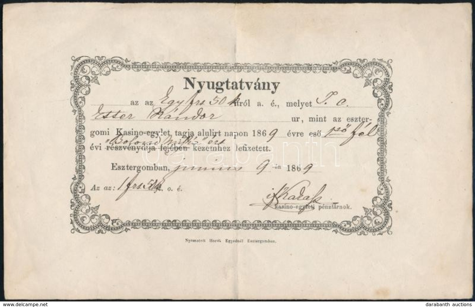 1869 Az Esztergomi Kaszinó Egylet Nyomtatványa Etter Nándor (1839-1893) Részére Hírlap-előfizetés Befizetéséről - Ohne Zuordnung