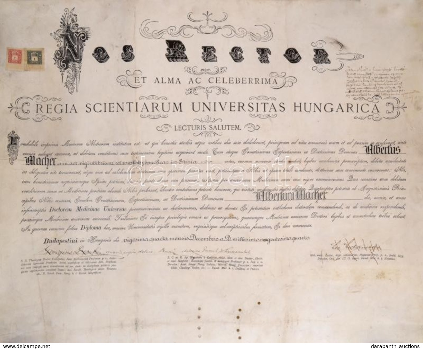 1904 Orvosi Diploma, Díszes Oklevél, Budapest, 2 Korona és 1 Korona Okmánybélyeggel - Ohne Zuordnung