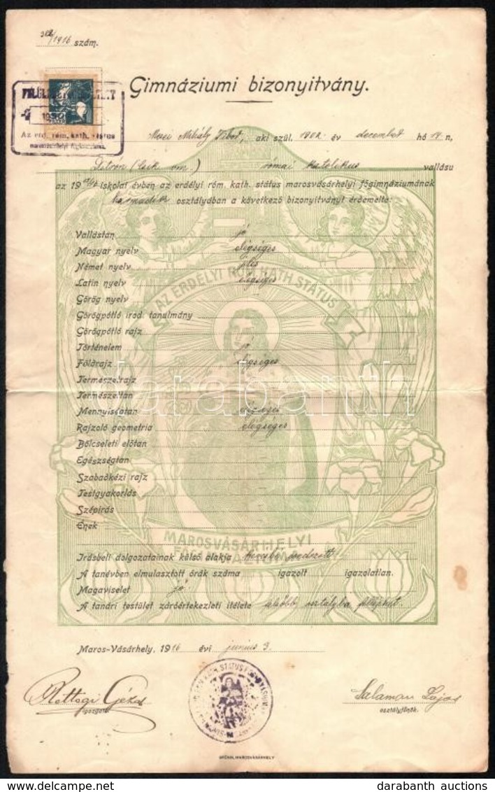 1916 Marosvásárhely, Gimnáziumi Bizonyítvány 30 F Okmánybélyeggel - Ohne Zuordnung