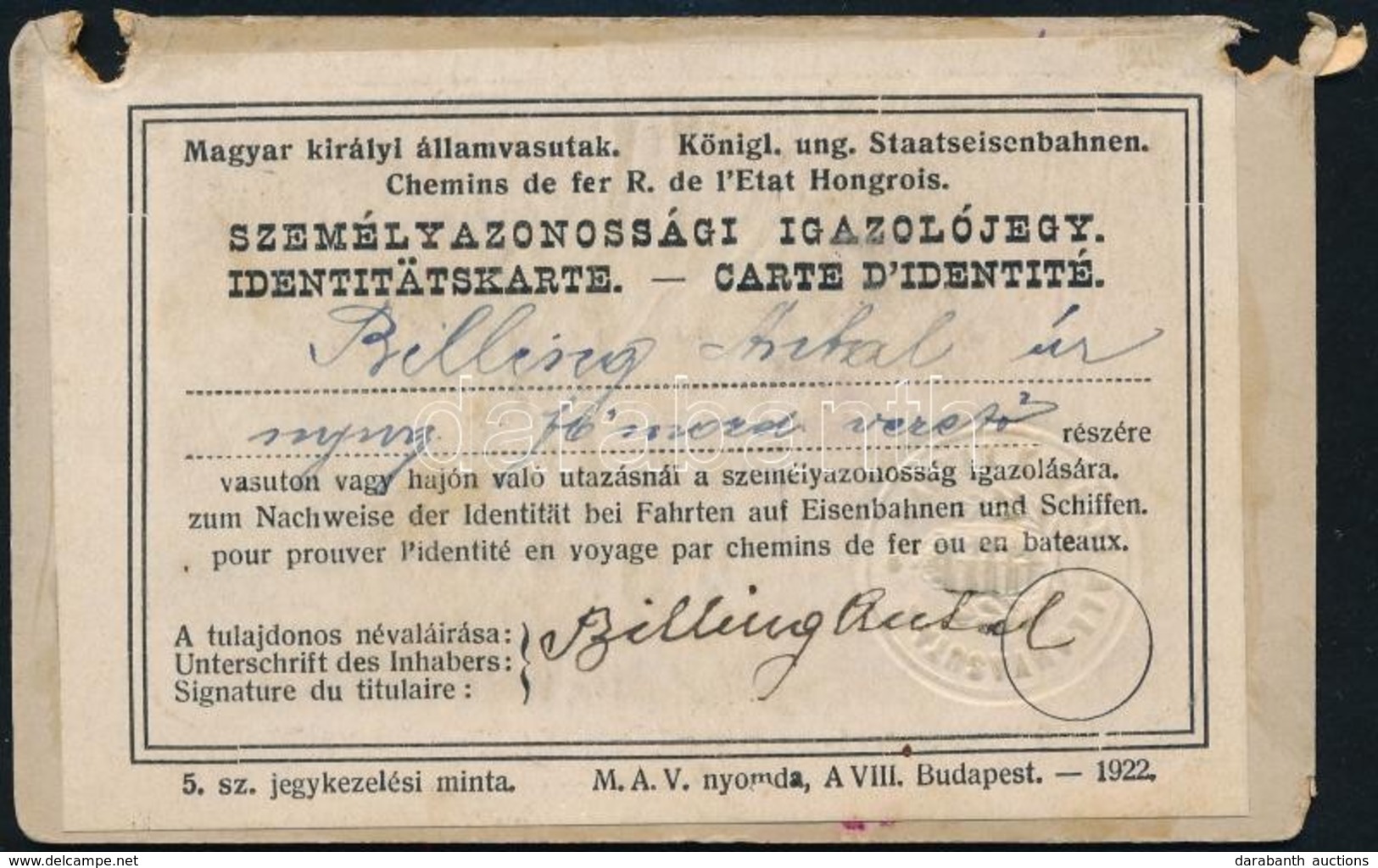 1922 Magyar Királyi Államvasutak által Kiállított Igazolvány Főmozdonyvezető Részére - Ohne Zuordnung