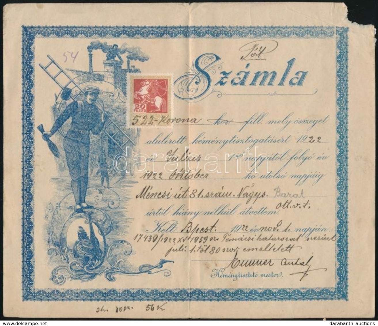 1922 Bp., Díszes Kéményseprő Számla Okmánybélyeggel, Sarokhiánnyal - Ohne Zuordnung
