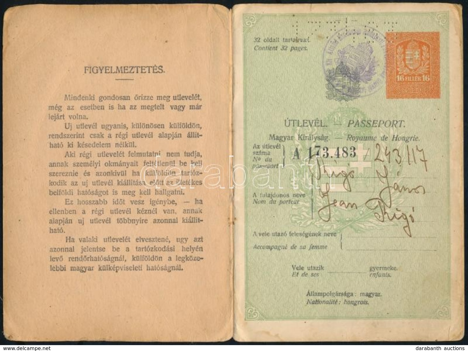 1930 Magyar Királyság által Kiállított útlevél, Fénykép Nélkül / Hungarian Passport Without Photo - Ohne Zuordnung