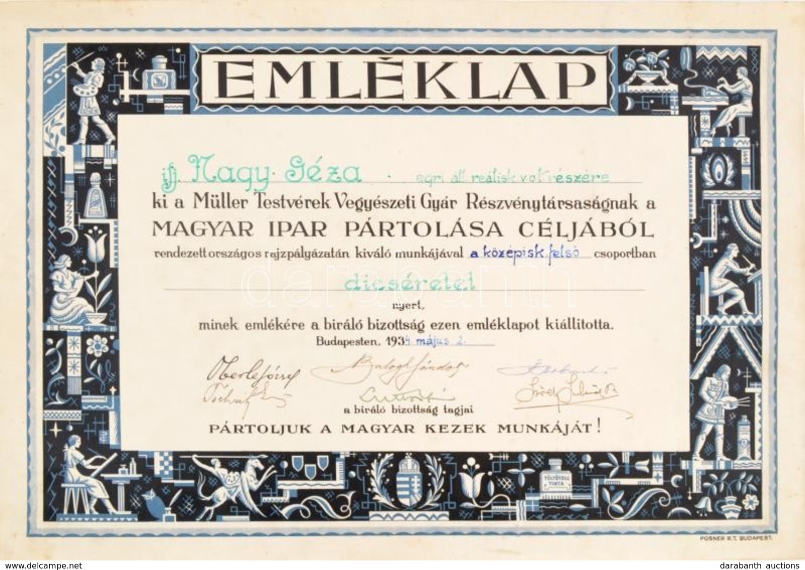 1934 Bp., A Müller Testvérek Vegyészeti Gyár Részvénytársaság Dicsérő Oklevele - Ohne Zuordnung