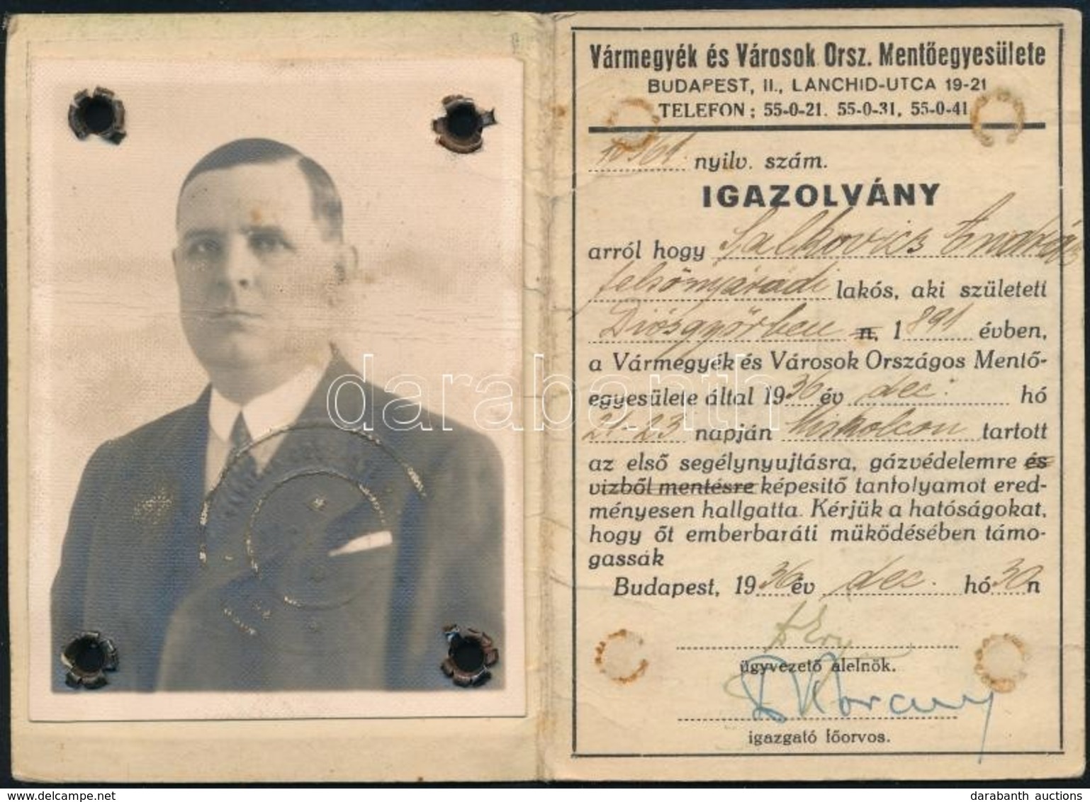 1936 Vármegyék és Városok Orsz. Mentőegyesülete Fényképes Igazolvány - Ohne Zuordnung