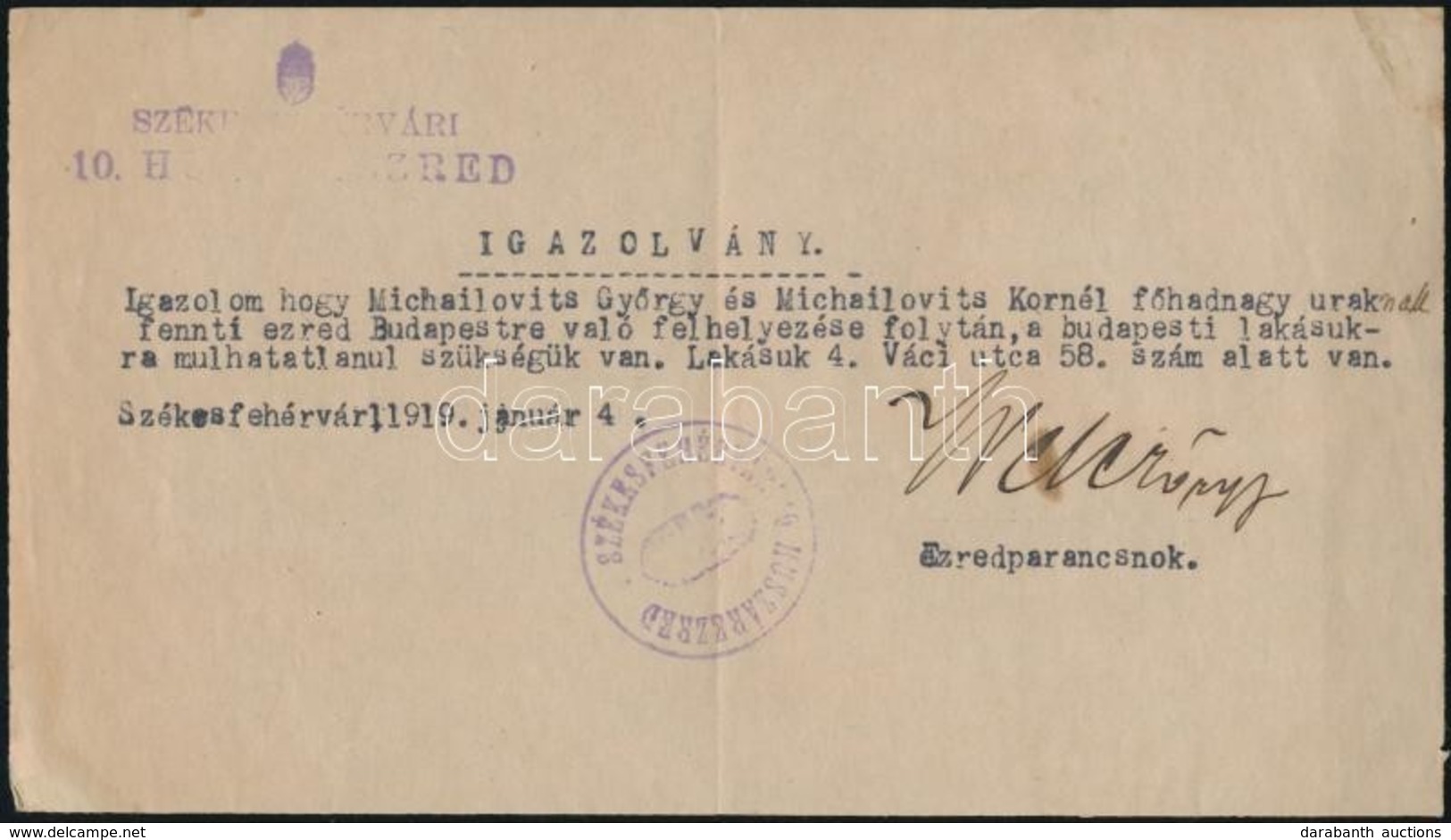 1919 Székesfehérvári Huszárezred által Kiállított Igazolvány Főhadnagy Részére - Sonstige & Ohne Zuordnung