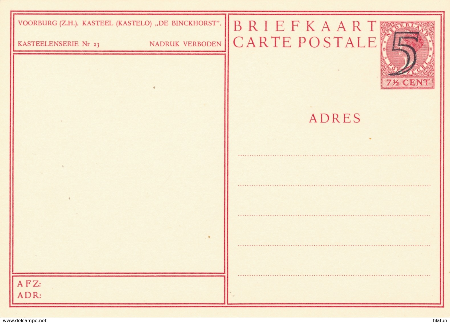 Nederland - 1946 - 5 Op 7,5 Cent Veth, Fotokaart Voorburg Kasteel De Binckhorst, Briefkaart G286w - Ongebruikt - Entiers Postaux