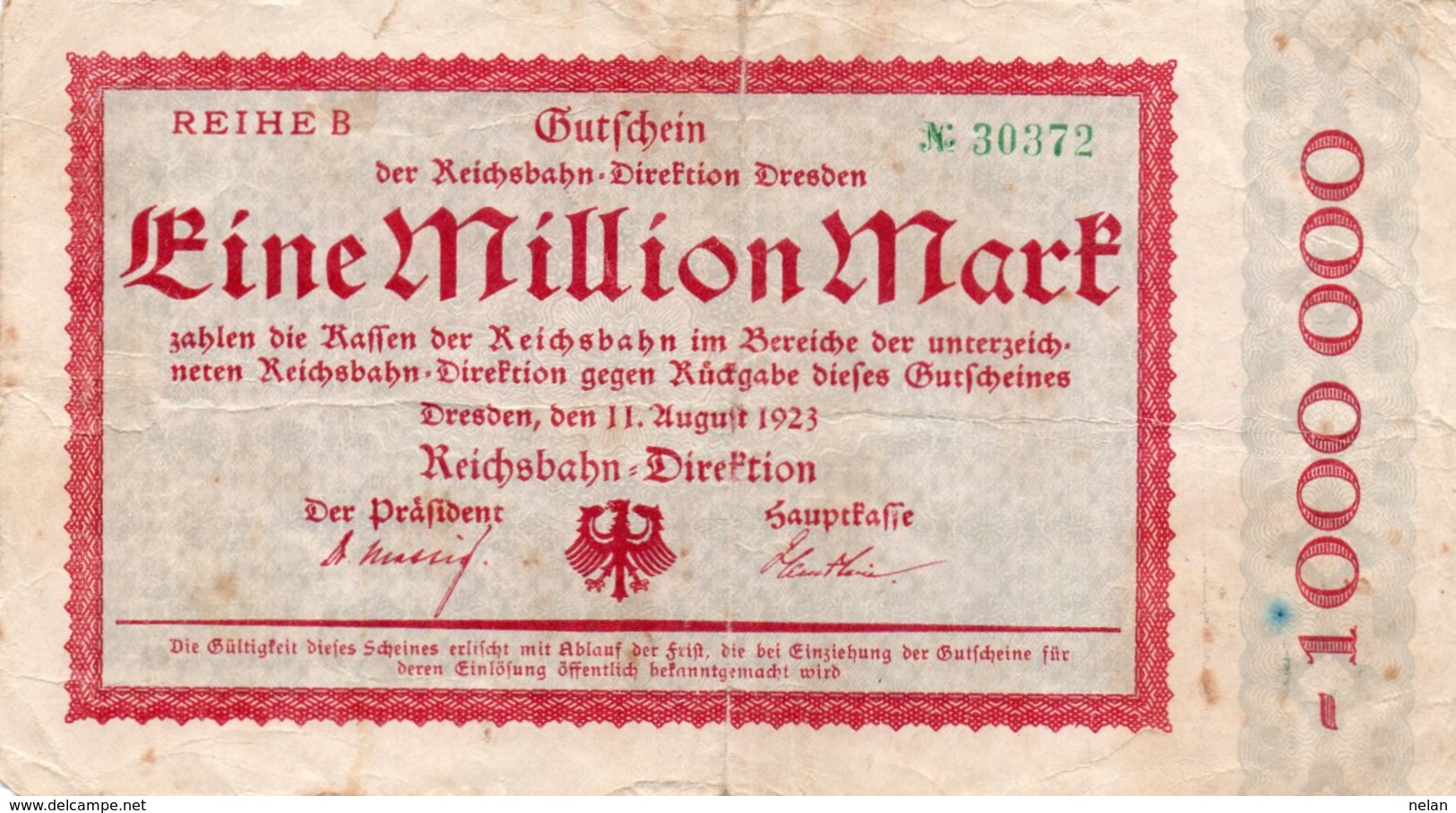 GERMANY 1 MILLION MARK 1923 -CIRCOLATED - Zwischenscheine - Schatzanweisungen