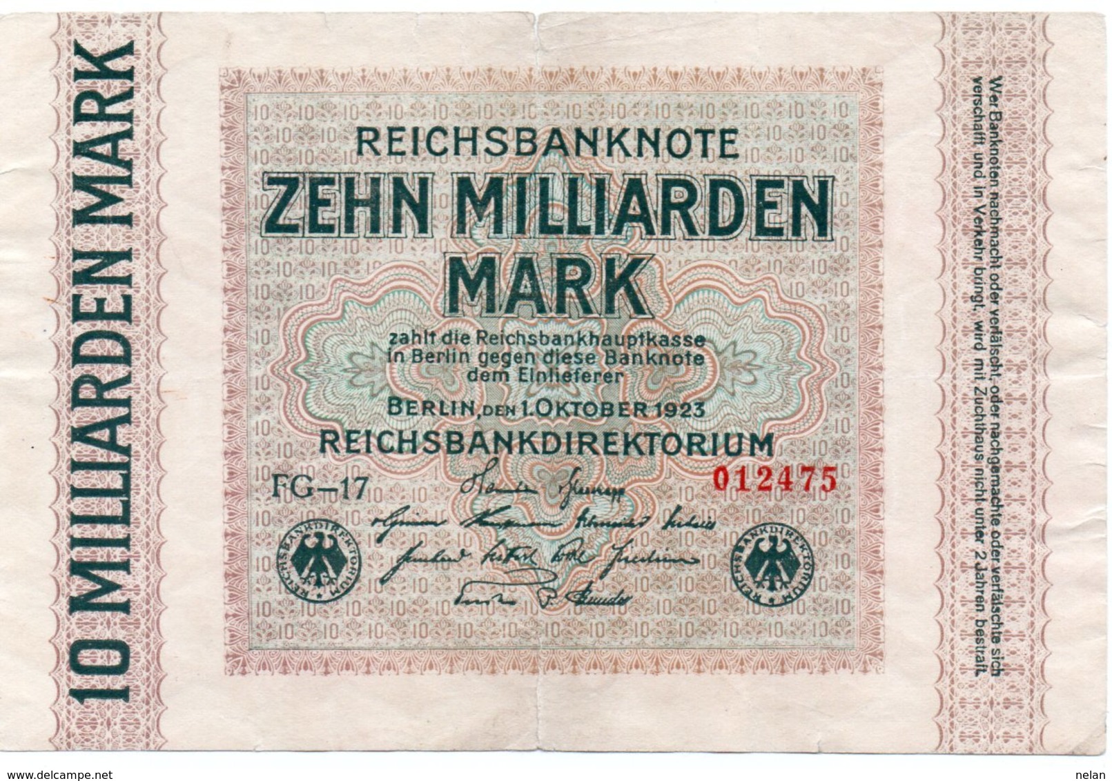 GERMANY 10 MILLIADREN MARK 1923 -CIRCOLATED - Zwischenscheine - Schatzanweisungen