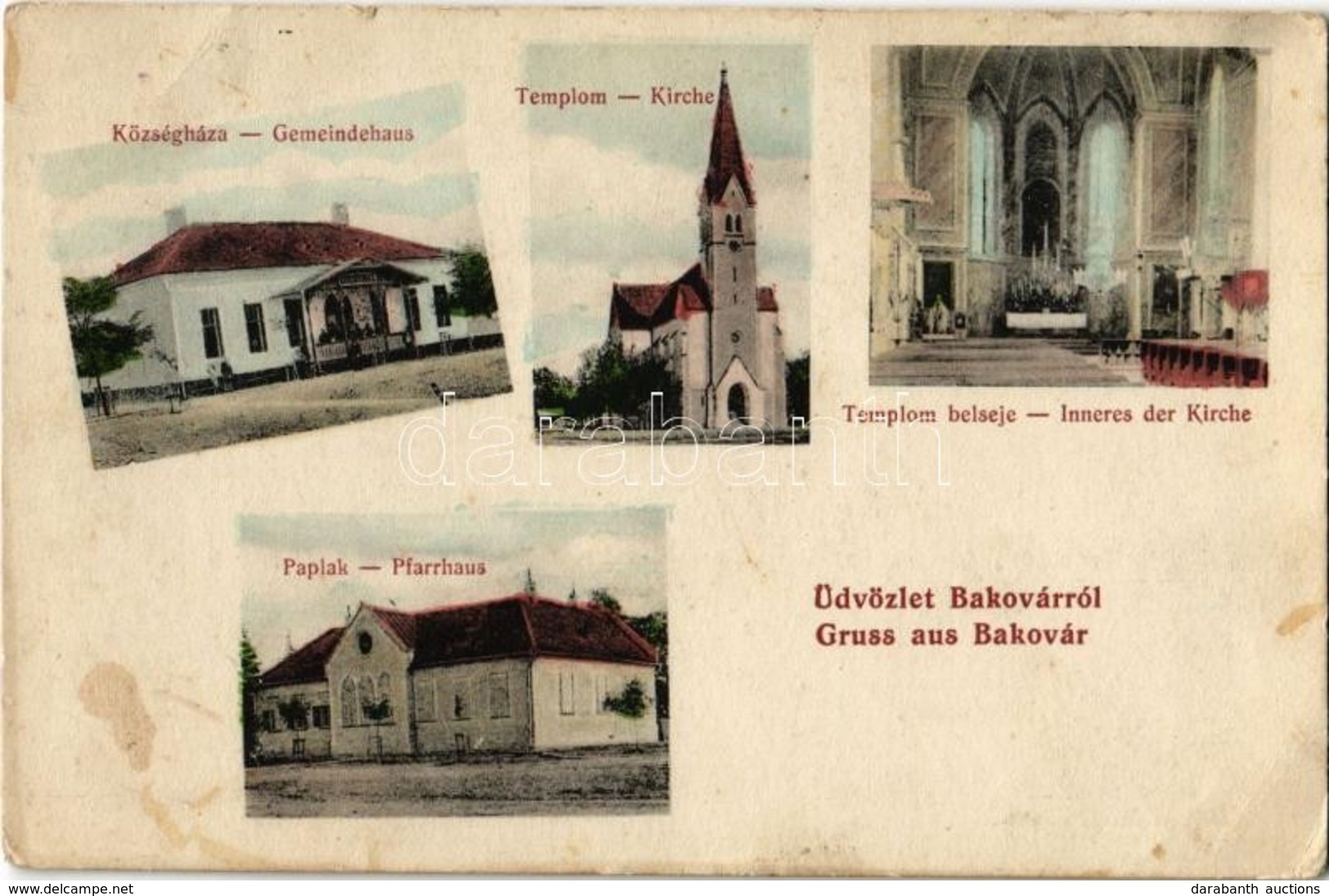 * T3 Bakóvár, Bachóvár, Bacova; Községháza, Templom, Belső, Paplak. Nasz Jakab Kiadása / Gemeindehaus, Kirche, Inneres D - Ohne Zuordnung