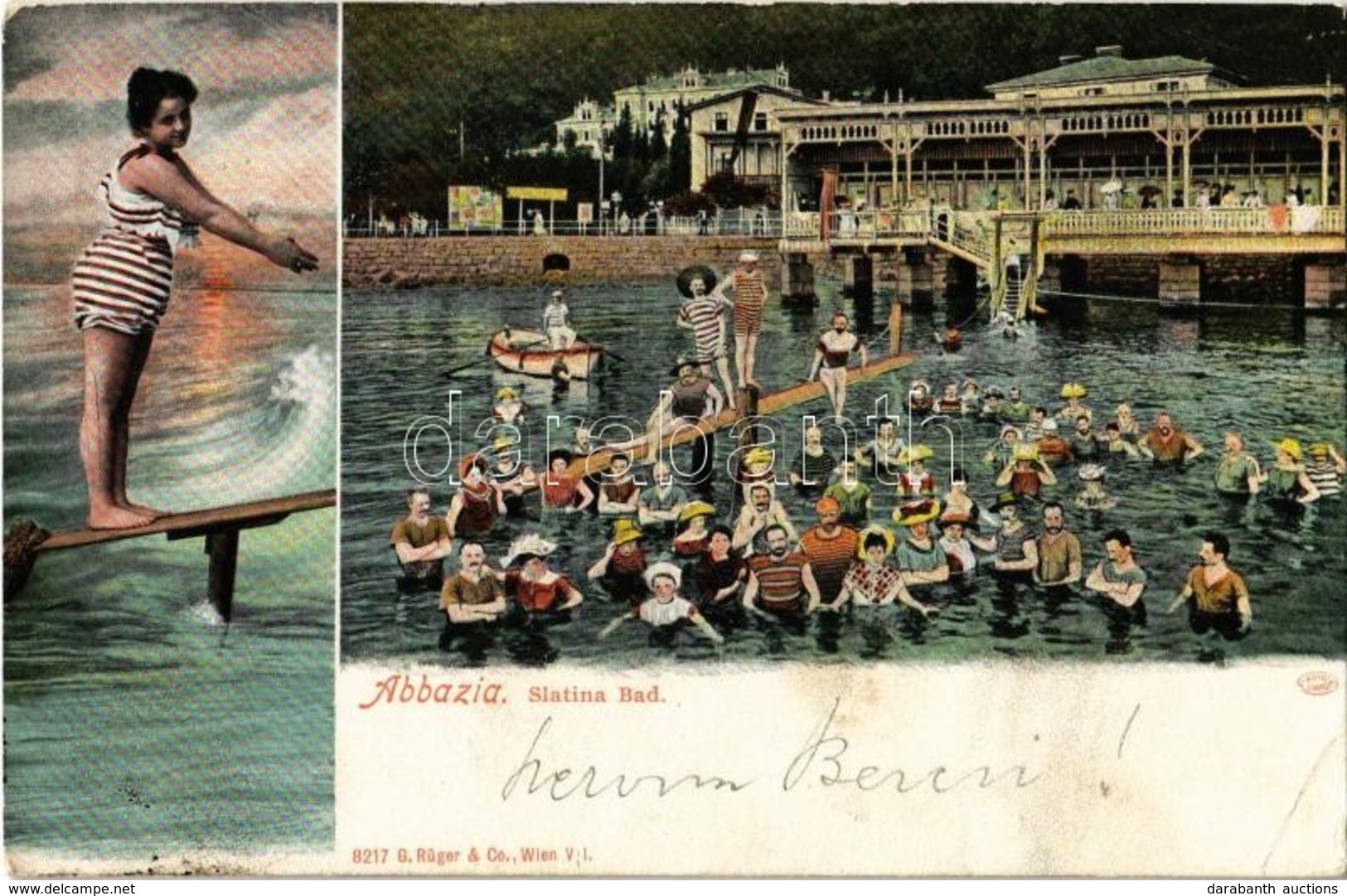* T3 1905 Abbazia, Opatija; Slatina Bad / Beach, Lady In Swimming Dress. G. Rüger & Co. 8217. / Hátoldalon, Kallós Berta - Ohne Zuordnung