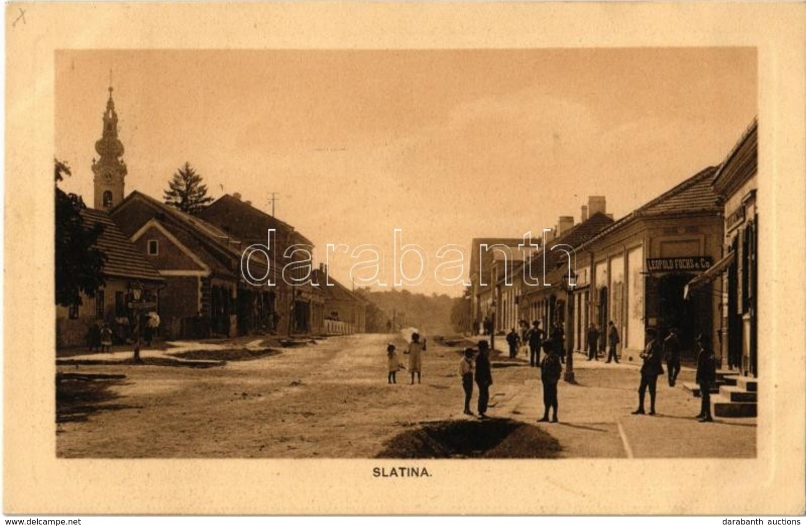 T2 1910 Szalatnok, Szlatina, Slatina; Utca, Templom, Leopold Fuchs & Co. üzlete. Lj. Bauer Kiadása / Street View, Church - Ohne Zuordnung