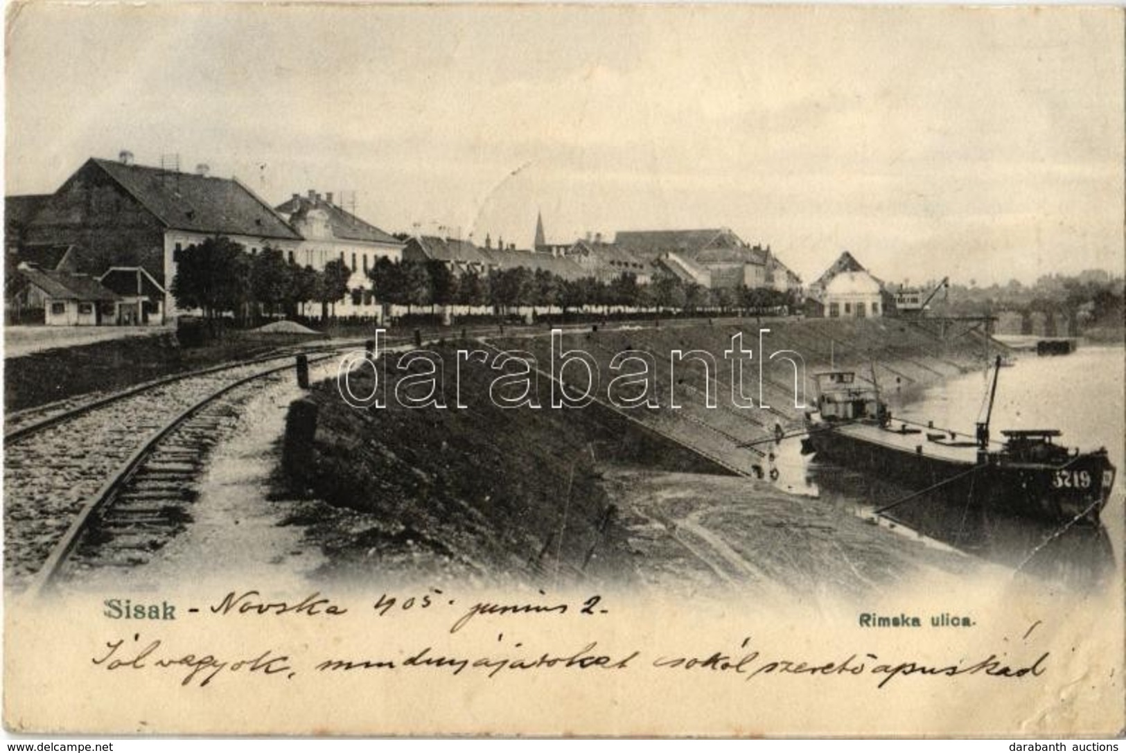 T3 1905 Sziszek, Sisak; Rimska Ulica / Utca, Vasútvonal, Uszály / Street View, Railway Line, Barge (EB) - Ohne Zuordnung