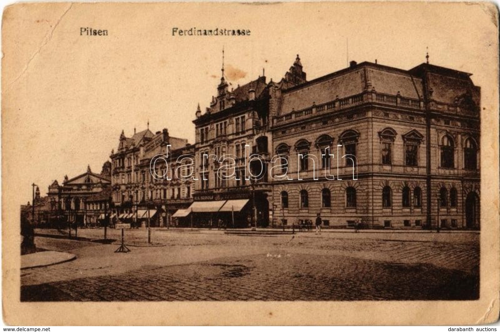 T2/T3 1918 Plzen, Pilsen; Ferdinandstrasse / Street, Shops (EK) - Ohne Zuordnung