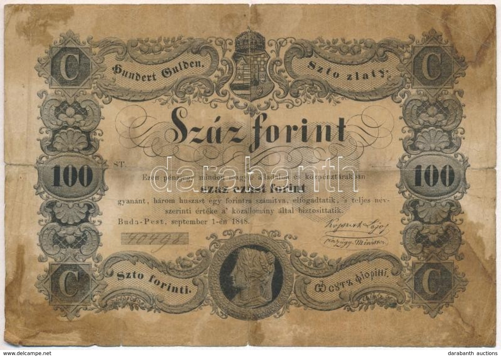 1848. 100Ft "Kossuth Bankó" T:IV Szakadás Hungary 1848. 100Ft "Kossuth Banknote" C:G Tear Adamo G114 - Ohne Zuordnung