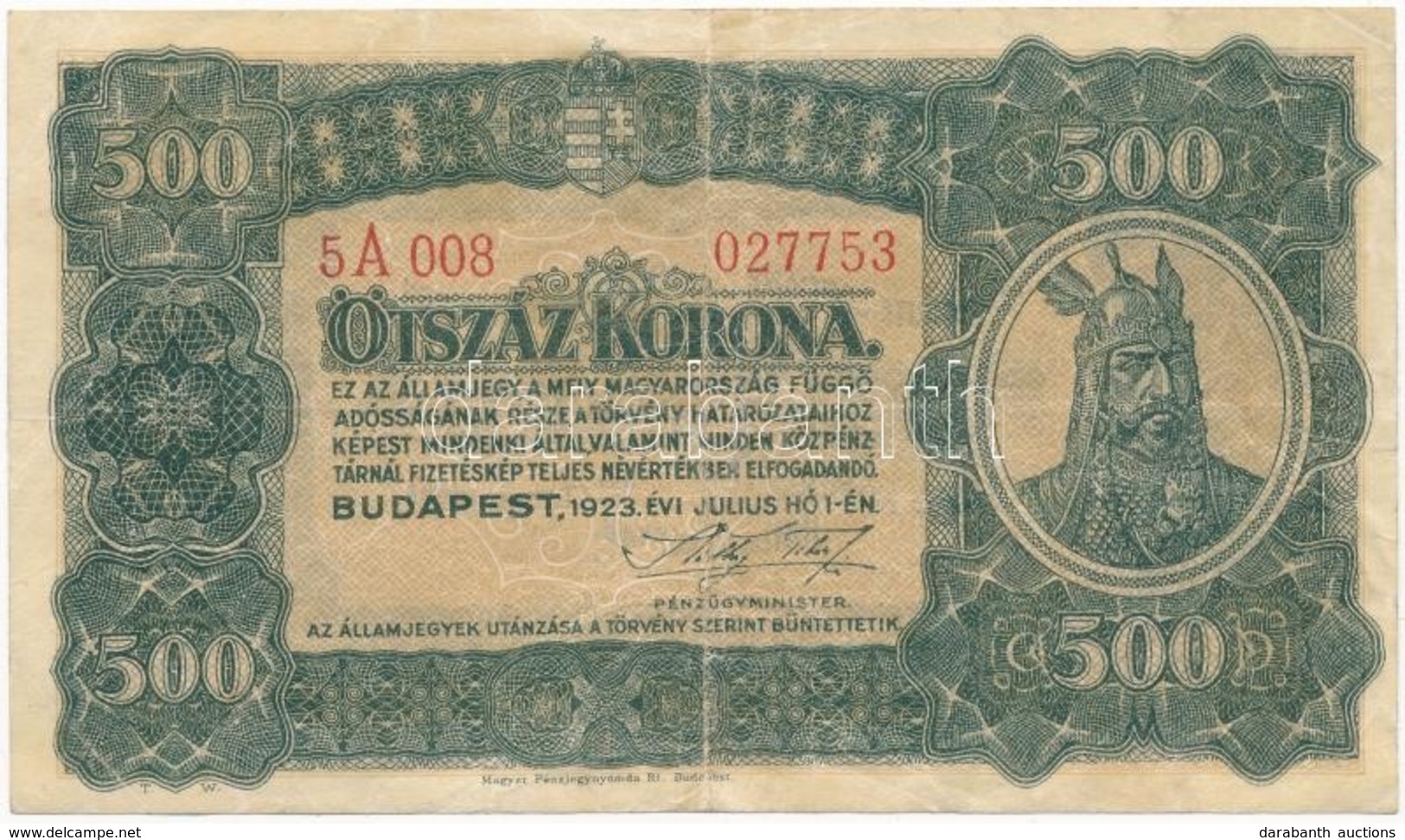 1923. 500K "Magyar Pénzjegynyomda Rt. Budapest" Nyomdahely Jelöléssel T:III Adamo K34 - Ohne Zuordnung