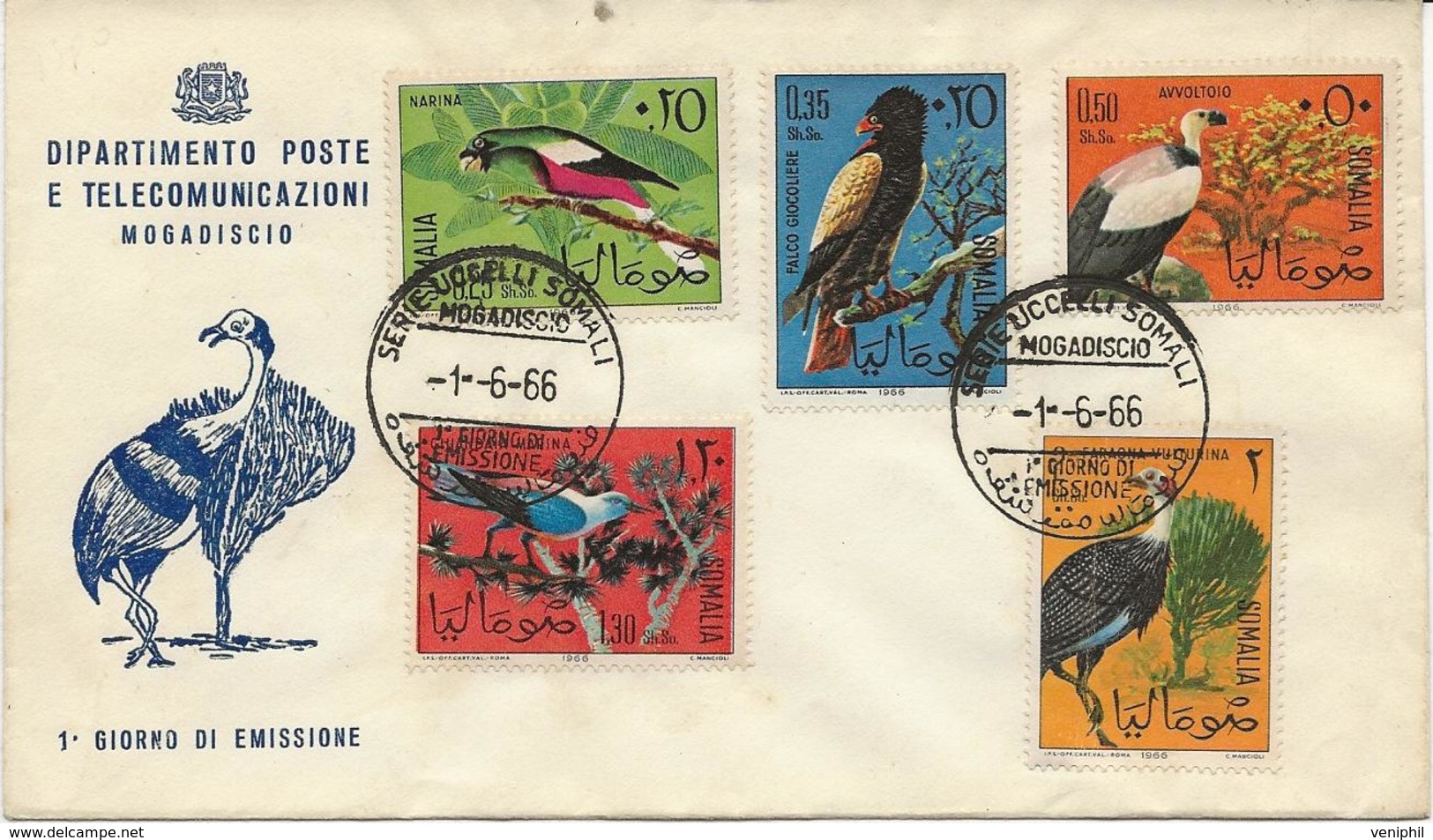 SOMALIE-LETTRE F.D.C. AFFRANCHIE SERIE OISEAUX N°47 A 51 - 1966 - Papagayos