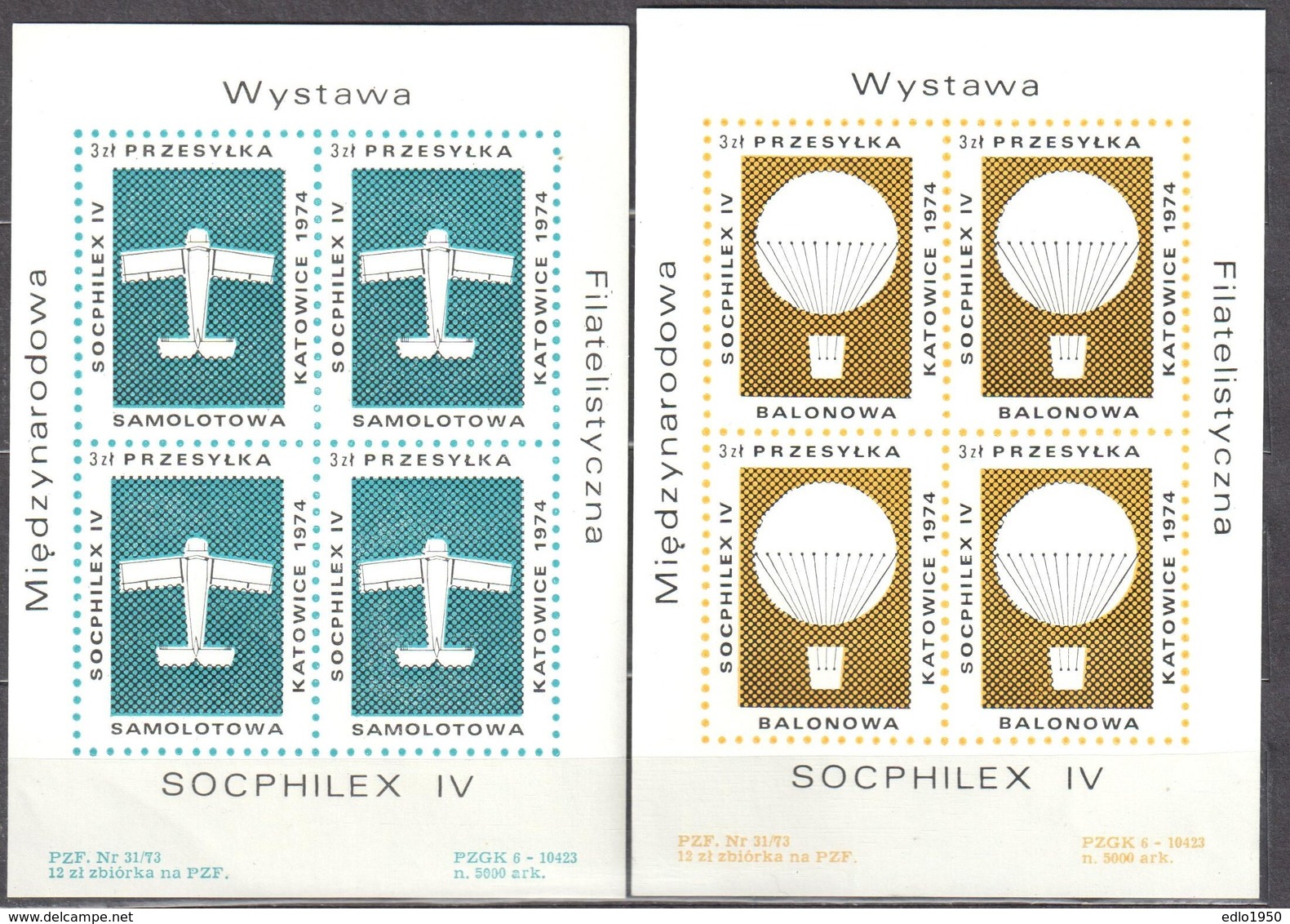 Poland 1974 - Plane And Balloon Label - 2 Sheets  MNH(**) - Non Classés