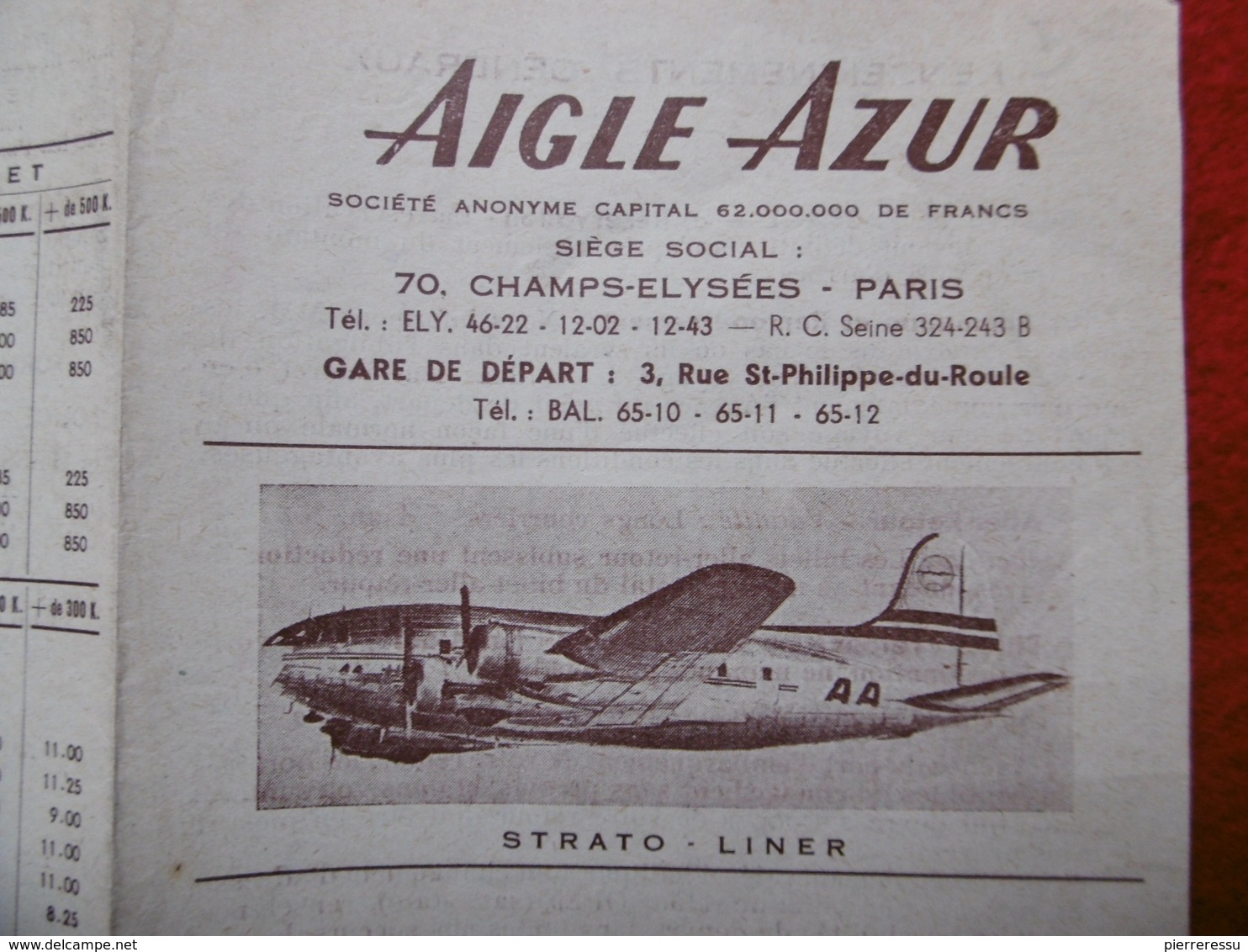 LIGNE PARIS SAIGON HANOI COMPAGNIE AERIENNE AIGLE AZUR STRATOLINER HORAIRES TARIFS 1952 - Mundo