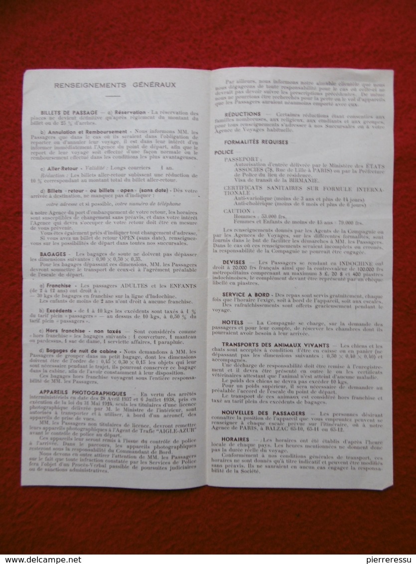 LIGNE PARIS SAIGON HANOI COMPAGNIE AERIENNE AIGLE AZUR STRATOLINER HORAIRES TARIFS 1952 - Monde