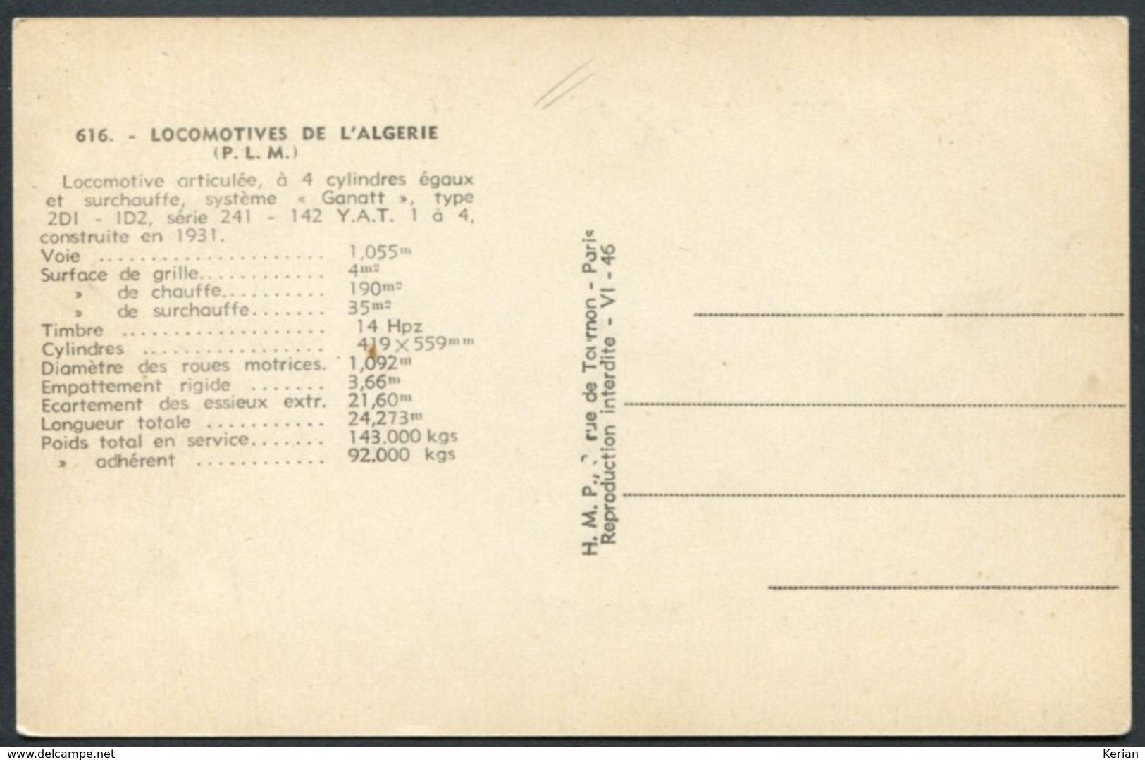 Locomotives De L'Algérie (P.L.M.) - Locomotive Articulée Système Ganatt Type 2D1-1D2 - N° 616 - H.M.P. - Voir 2 Scans - Trains