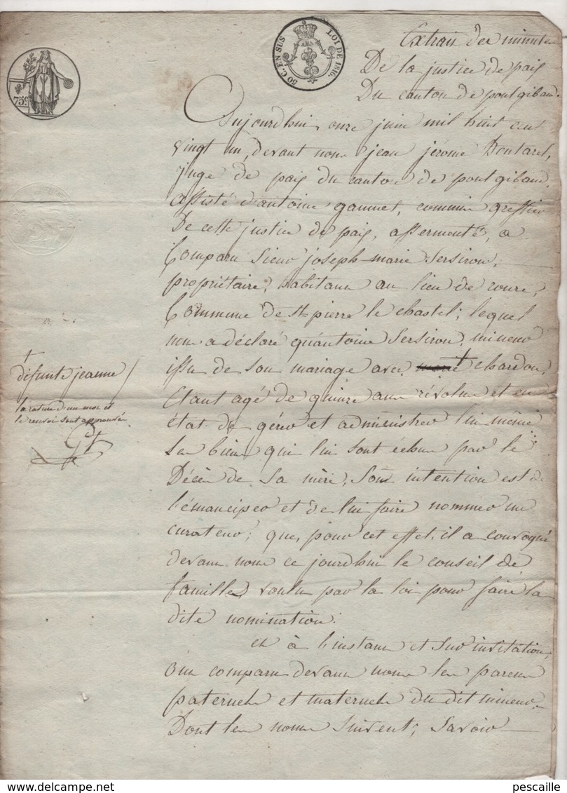 63 PUY DE DOME 1821 - ACTE D'EMANCIPATION DE MINEUR - CONSEIL DE FAMILLE PONTGIBAUD SAINT PIERRE LE CHASTEL ISSOIRE RI0M - Other & Unclassified