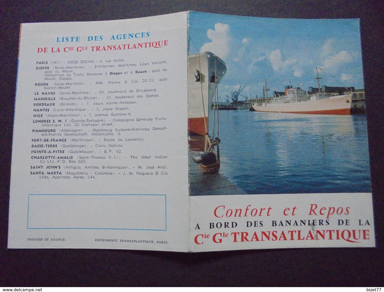 NAVIGATION : Cie Gle TRANSATLANTIQUE , LA LIGNE BANANIERE, DEPLIANT, VOIR SCAN - Trasporti