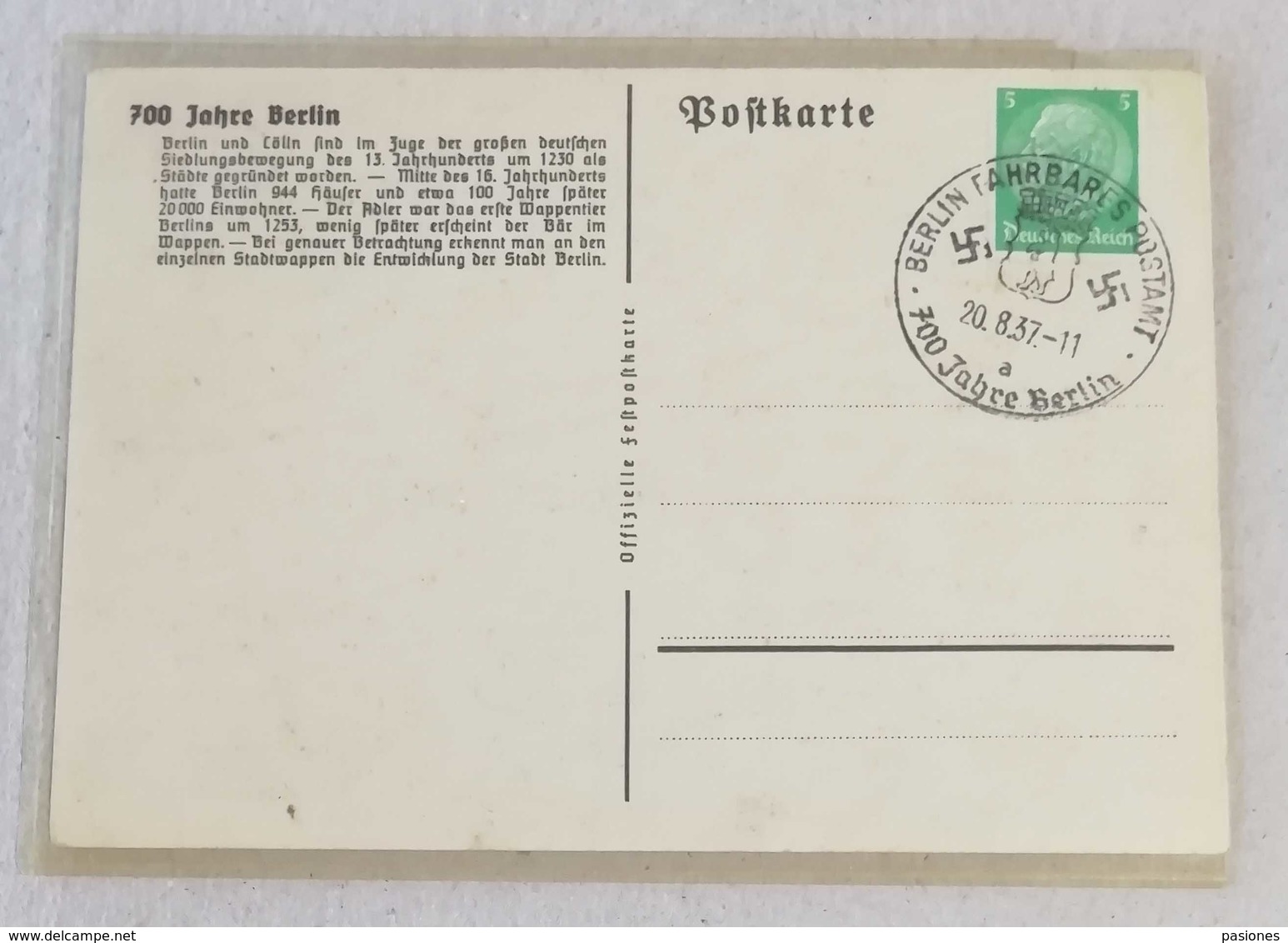 Cartolina Postale 700 Jahre Berlin - 20/08/1937 - Storia Postale