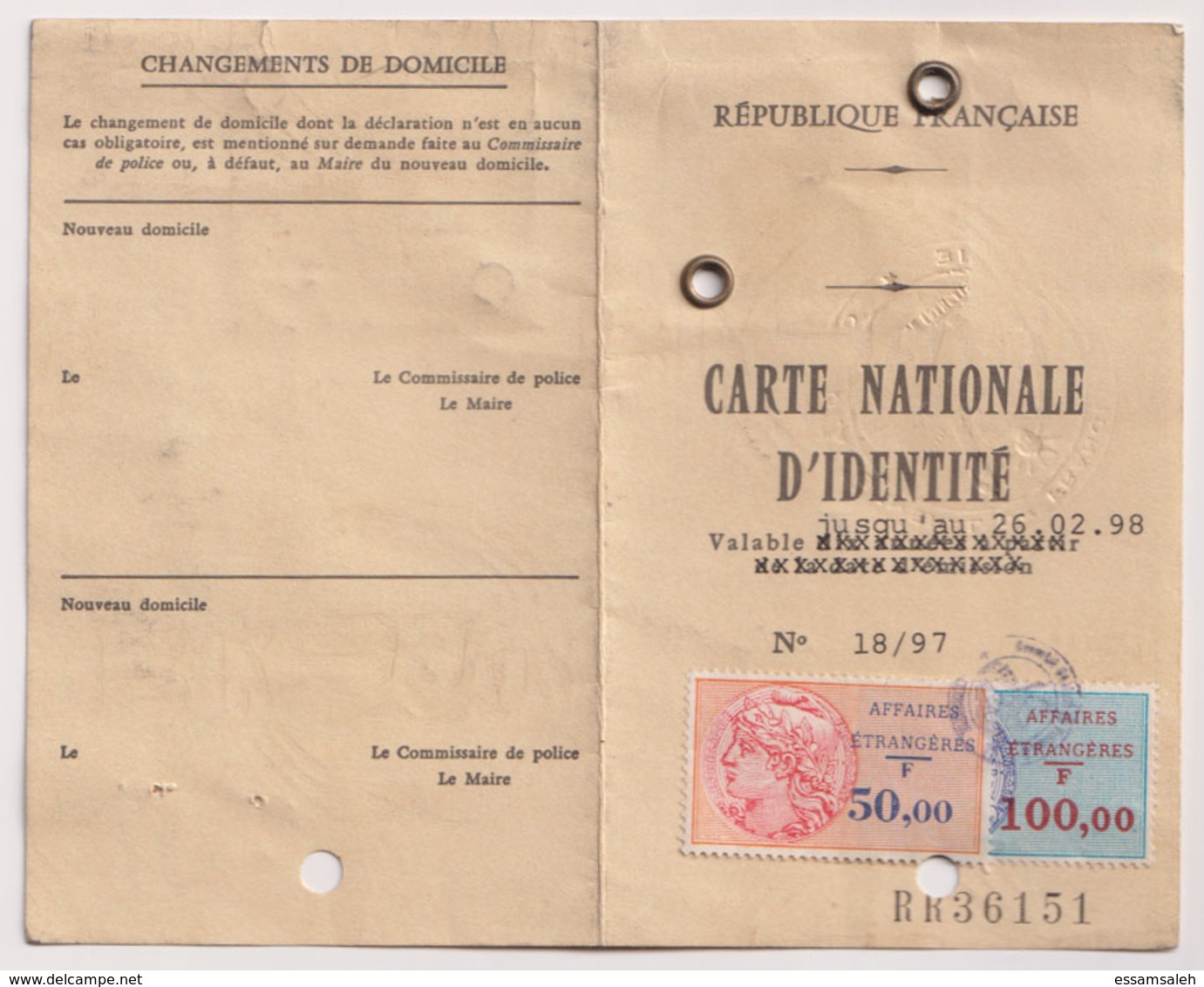 FRD18003 France 1997 Alexandria Consulat National ID Card Carte Nationale D'identité / Affaires Etrangeres Revenues - Documents Historiques