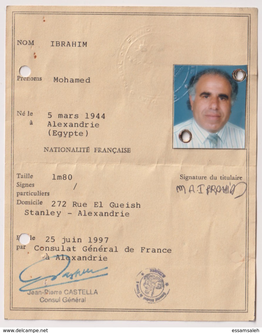 FRD18003 France 1997 Alexandria Consulat National ID Card Carte Nationale D'identité / Affaires Etrangeres Revenues - Documents Historiques