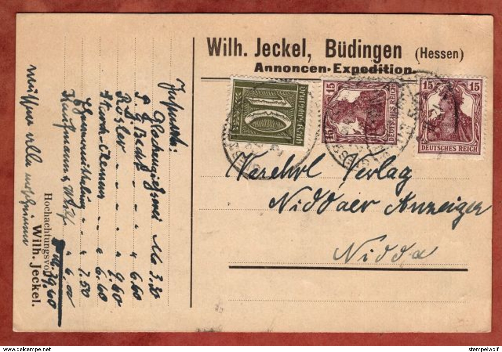 Karte, Wilh Jeckel Buedingen, Germania U.a., Per Bahnpost Giessen-?, Nach Nidda 1921 (92046) - Briefe U. Dokumente