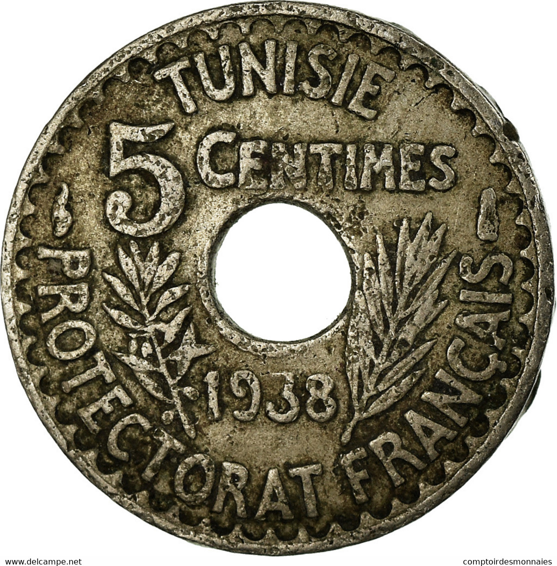 Monnaie, Tunisie, Ahmad Pasha Bey, 5 Centimes, 1938, Paris, TB+, Nickel-Bronze - Tunisie