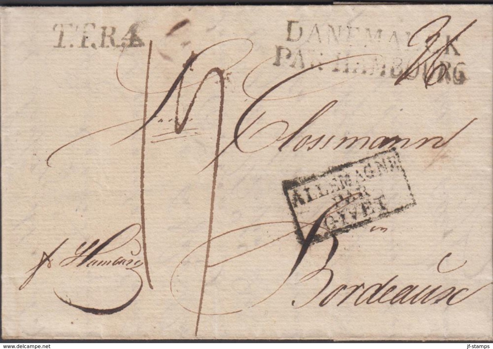 1822. TTR4 + DANEMARCK PAR HAMBOURG + ALLEMAGNE PAR GIVET To Bordeaux From Copenhagen... () - JF321237 - ...-1851 Prefilatelia