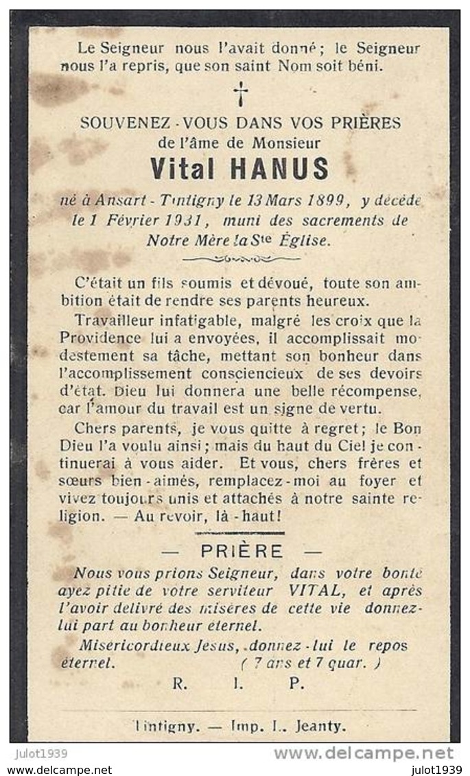 ANSART ..-- Mr Vital HANUS , Né En 1899 , Décédé En 1931 . . - Tintigny