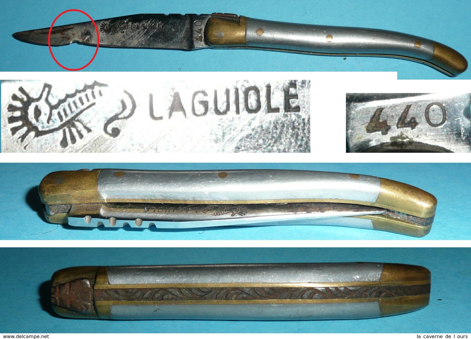 Couteau De Poche Pliant, Laguiole 440 Hippocampe, Plaquettes Métal, Lame - Outils Anciens
