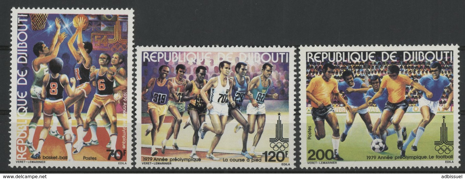 DJIBOUTI N° 509 à 511 COTE 8,5 € NEUFS ** MNH . SERIE DE 3 VALEURS ANNEE PREOLYMPIQUE FOOT + BASKET + COURSE TB - Verano 1980: Moscu