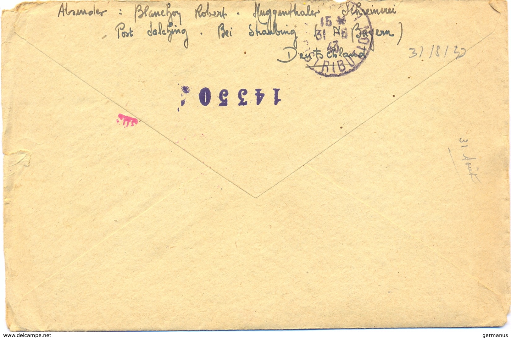 GUERRE 39-45 STO MUGGENTHALER SALCHING BEI STRAUBING TàD 27-8-43 + CENSURE AC Avec COURRIER - Guerre De 1939-45